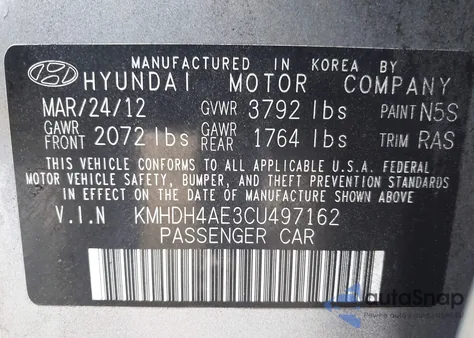 2012 Hyundai Elantra Limited (Ulsan Plant) from USA, damaged, VIN KMHDH4AE3CU497162